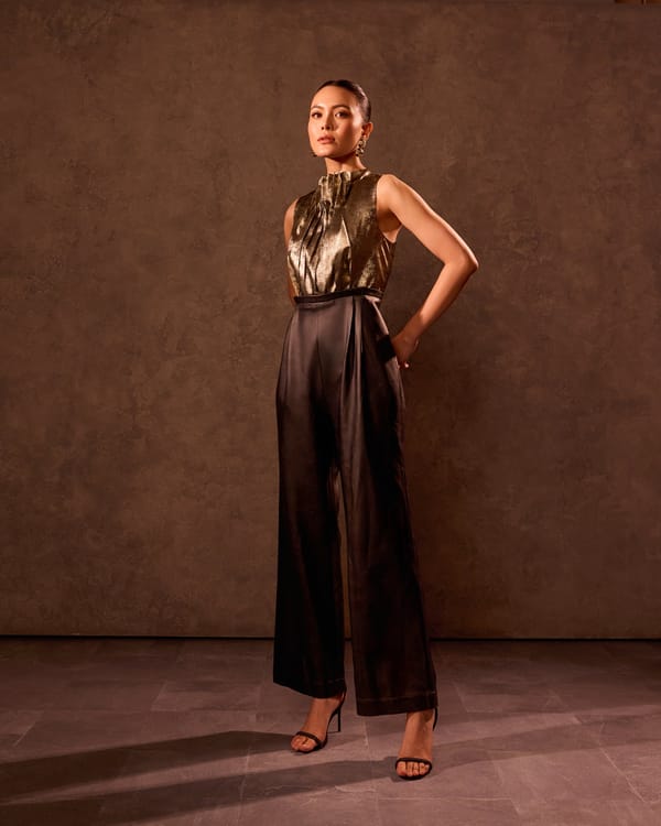 Gold and Black Metallic High Neck Colorblock Jumpsuit — Tara & I