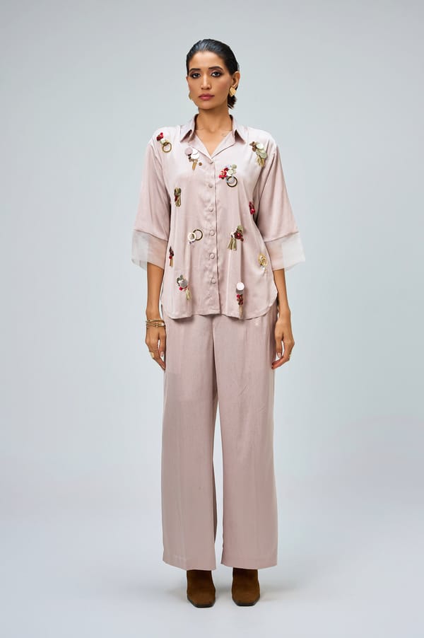 Blush Pink Satin Shirt and Wide-Leg Pants Co-ord Set — KOR