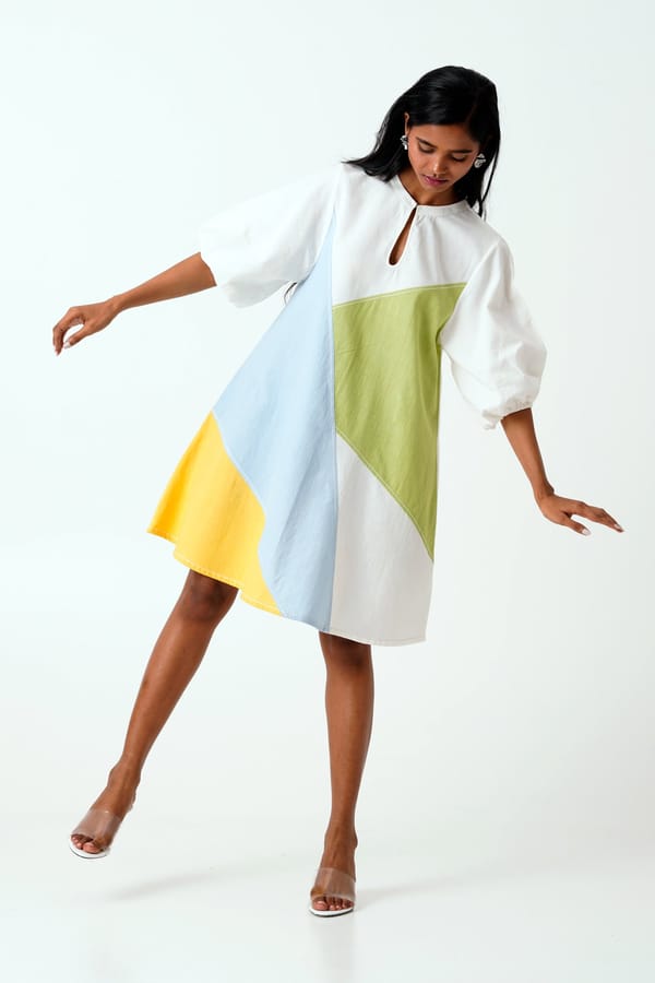 Multicolor Colorblock Handloom Cotton Shift Dress — Madder Much