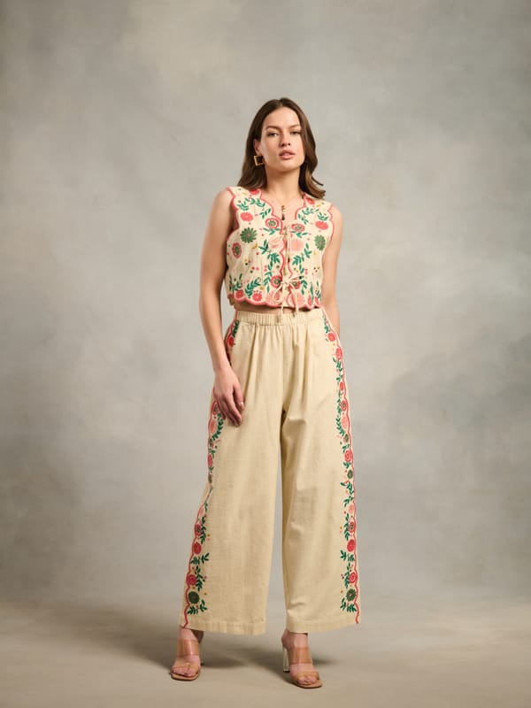 Pink Cotton Wide-Leg Embroidered Pants — Style Island