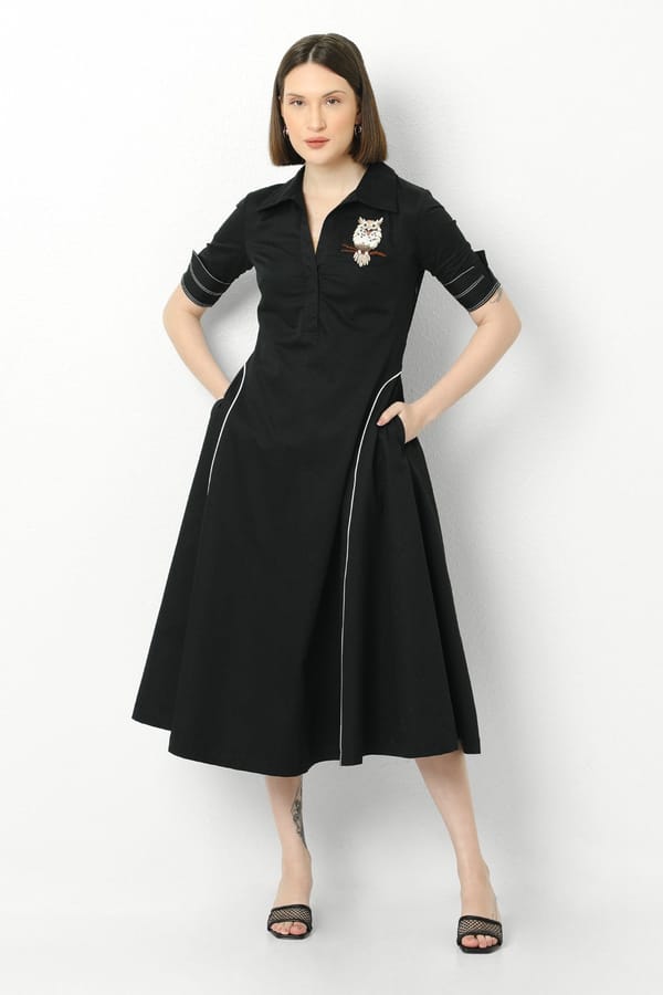 Black Cotton Satin Midi Shirt Dress with Owl Applique — Our Love