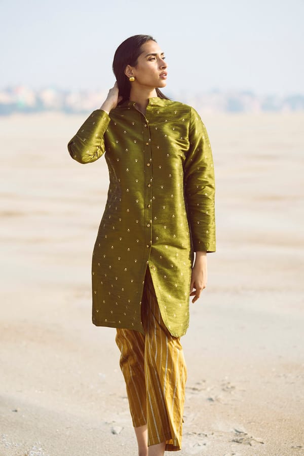 Olive Longline Brocade Motif Top with Mandarin Collar — Dash and Dot