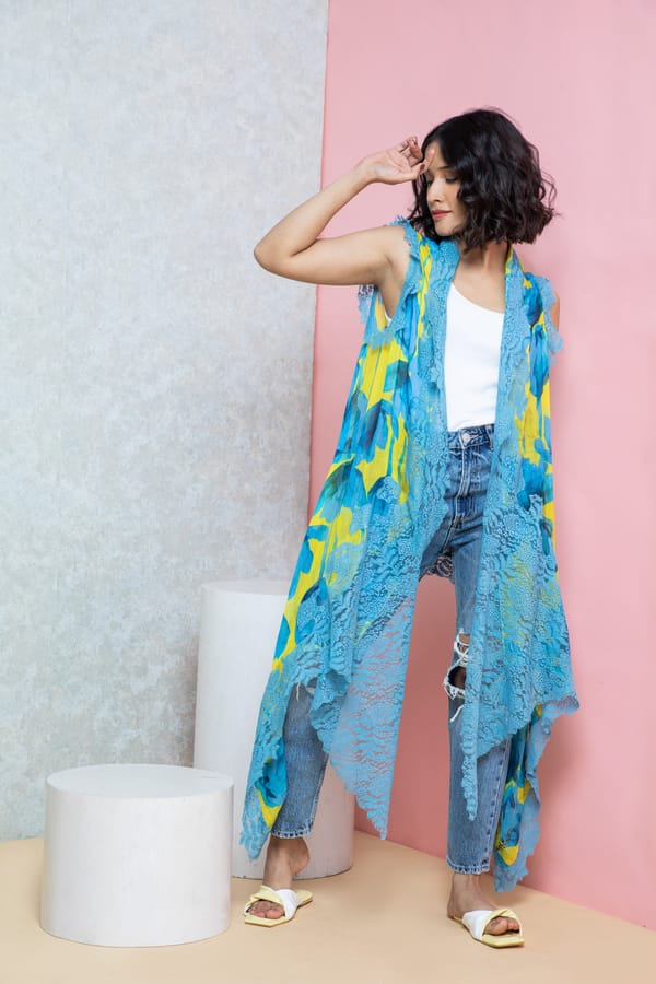 Blue Floral Modal Cape with Lace Trim — Rhe-Ana