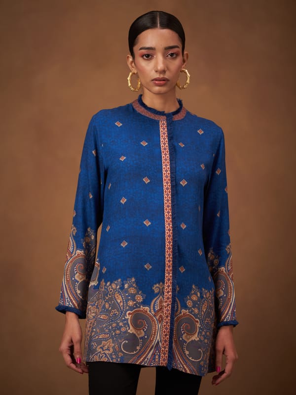 Blue Printed Longline Top with Mandarin Collar — SAUNDH