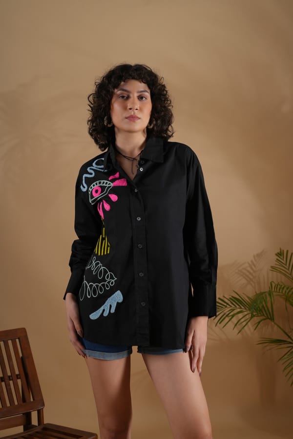 Black Oversized Embroidered Cotton Shirt — Brand New Brand