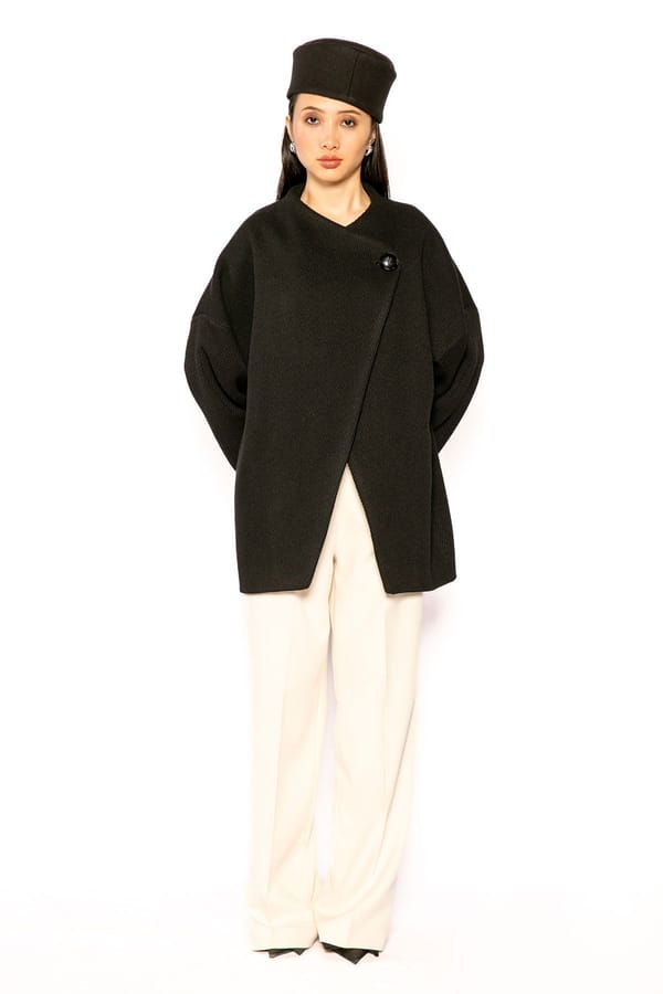 Black Oversized Wrap-Front Jacket with Statement Button — Contemponari