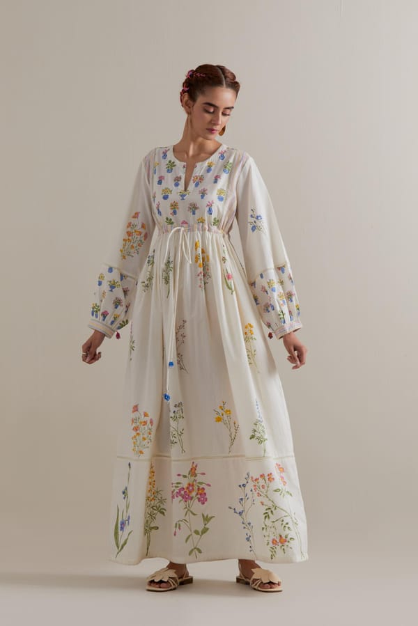 Off-White Floral Block Print Maxi Dress with Waist Tie — Upavita