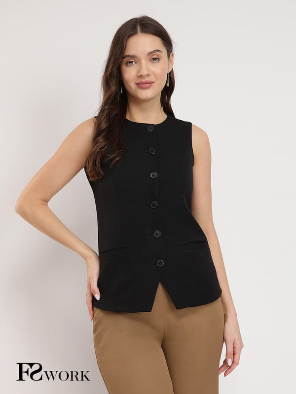 Black Princess Line Button-Front Waistcoat Top — Fable Street