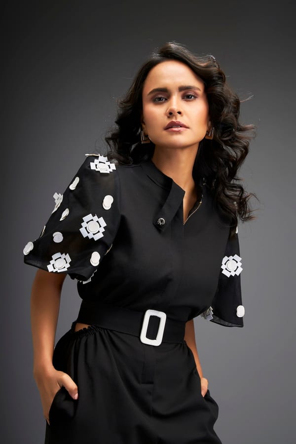 Black Embroidered Sleeves Jumpsuit With Belt — Deepika Arora
