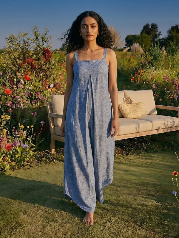 Blue Cotton Linen Square Neck Wide-Leg Jumpsuit — HOUSE OF FETT