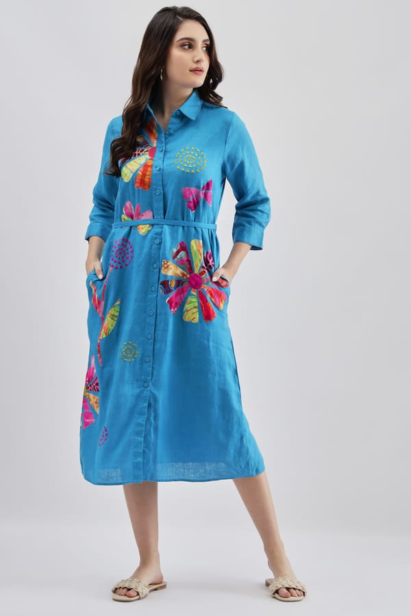 Turquoise Linen Midi Shirt Dress with Belt — Linen Bloom