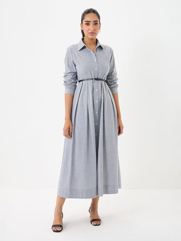 Black Stripe Pleated Ankle Length Dress — Femmella