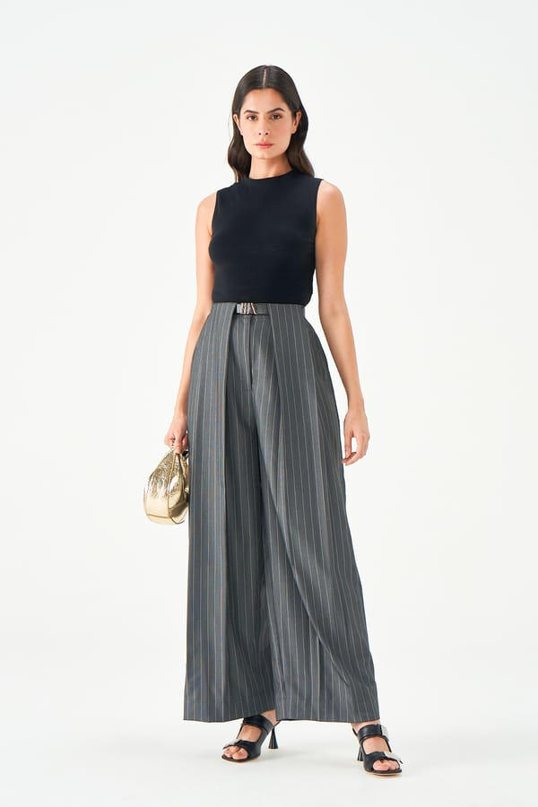 Grey High-Waist Wide-Leg Pinstripe Trousers — NOTEBOOK