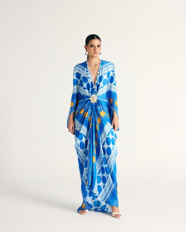 Blue Printed Kaftan Gown Maxi Dress — Kamaali Pret