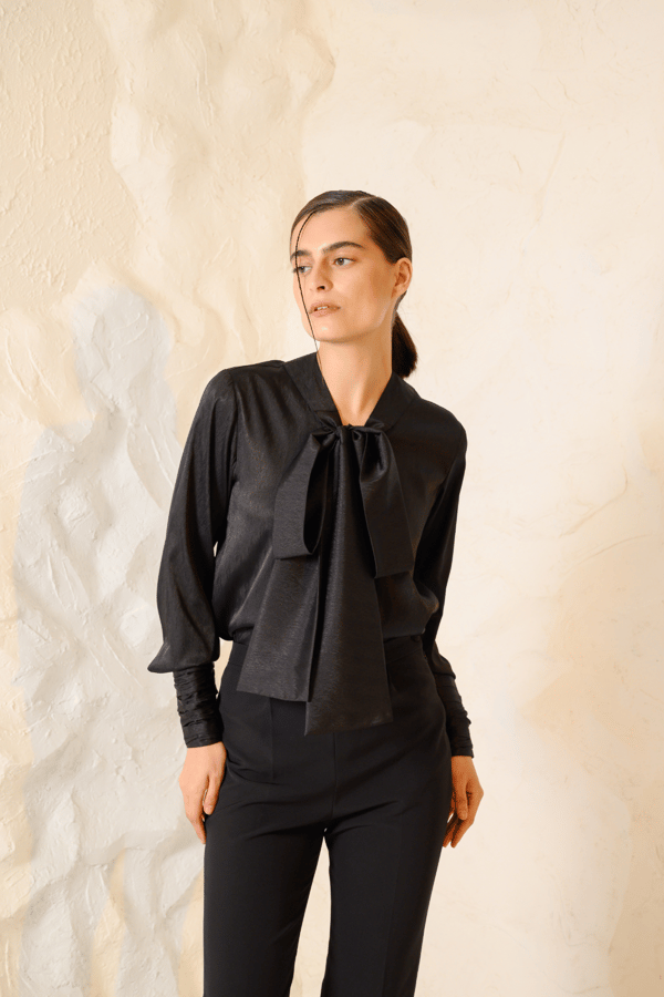 Black Satin Tie-Neck Shirt with Pleated Cuffs — ETE CLOTHINGS