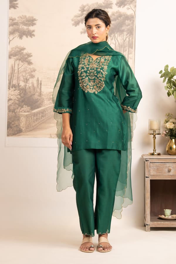 Rama Green Zardosi Yoke Top Set — Tatwa Designs