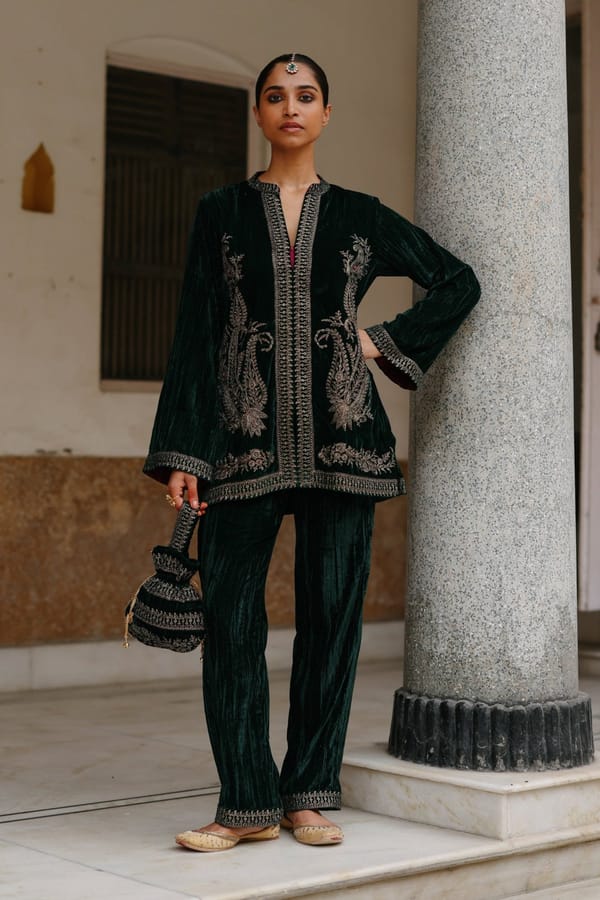 Bottle Green Velvet Embroidered Co-ord Set — INCHING INDIA