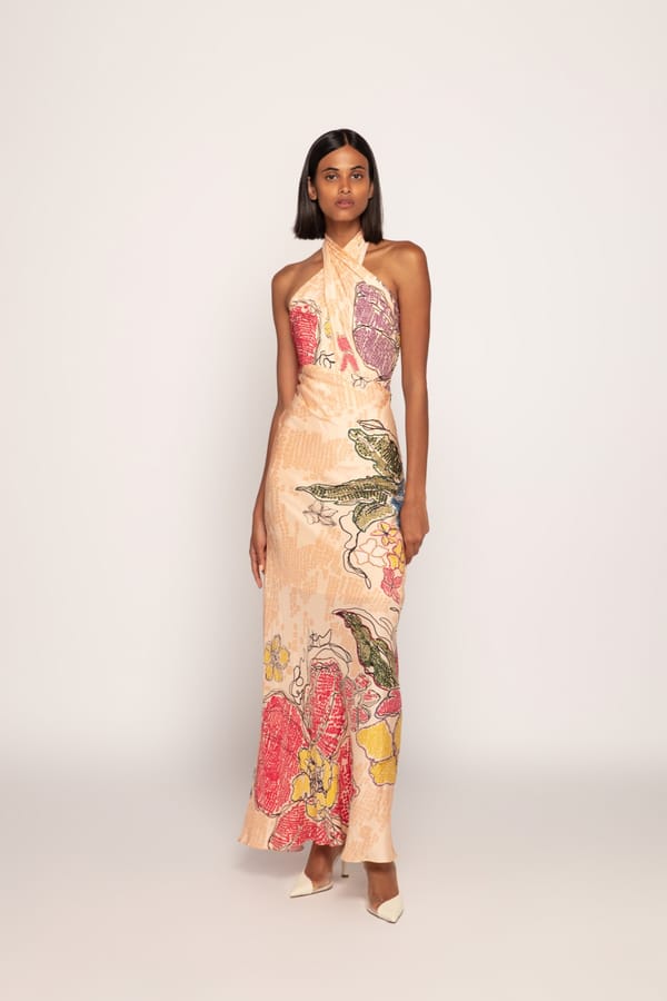 Peach Multi Printed Satin Halter Maxi Dress — Saaksha and Kinni