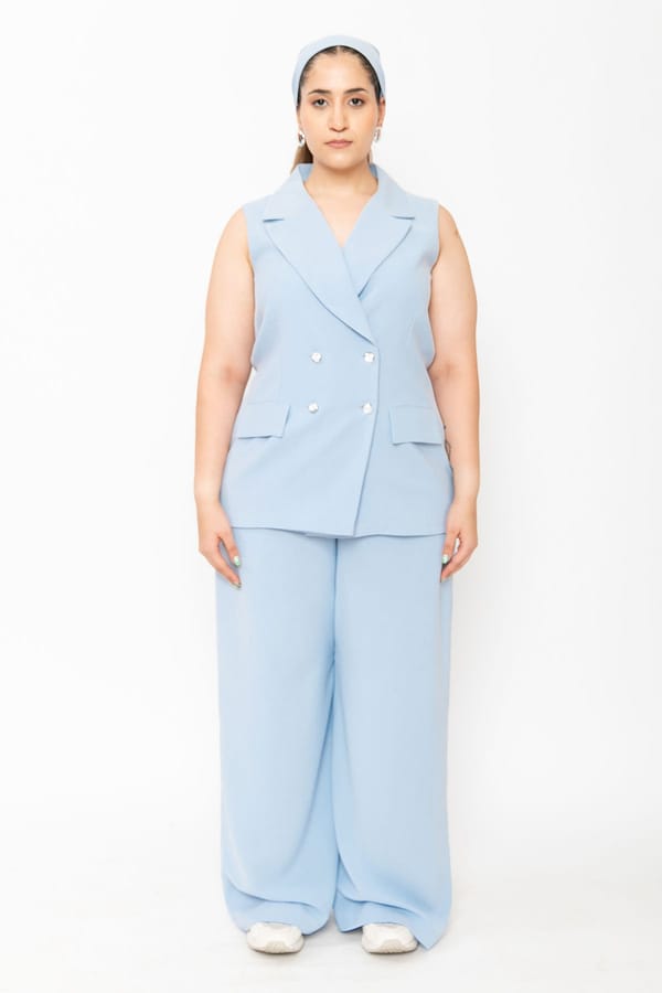 Blue Sleeveless Blazer and Wide-Leg Trouser Co-ord Set — Contemponari