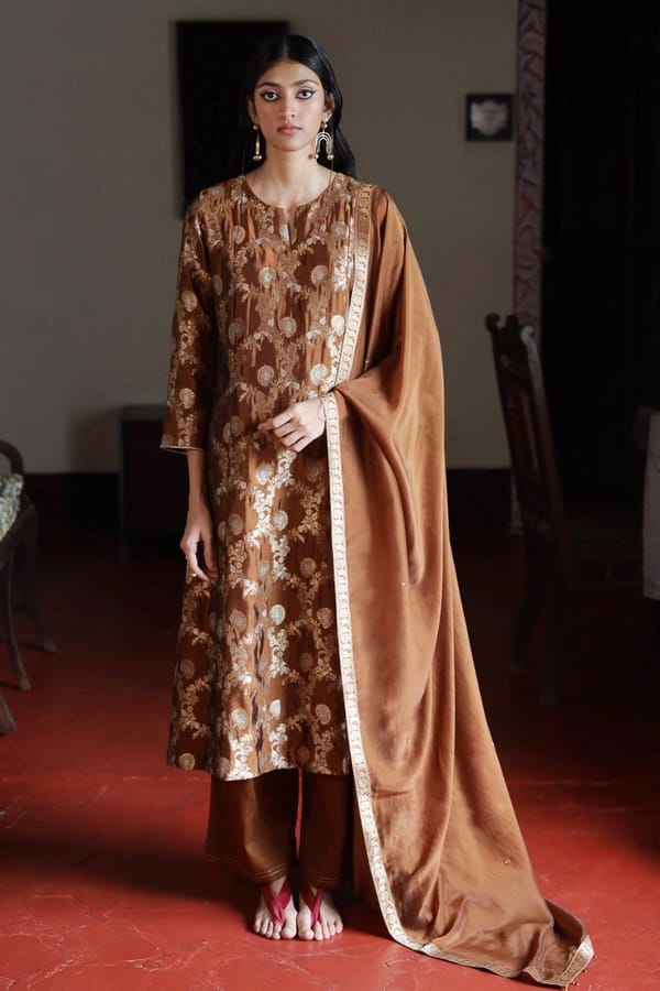 Argan Oil Brown Zari Woven Silk Salwar Suit Set — Ganga Fashions Pvt Ltd