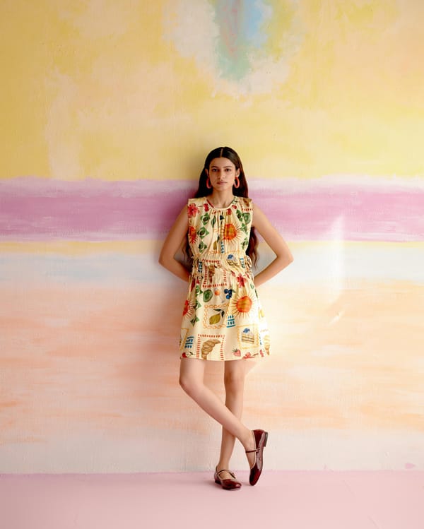 Yellow Tropical Print Sleeveless Cotton Knee-Length Dress — HAPPI SPACE