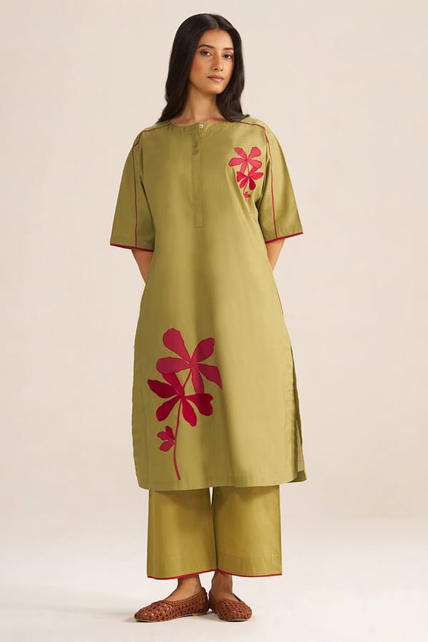 Burnished Olive Co-ord Set with Floral Appliqué — Ganga Fashions Pvt Ltd