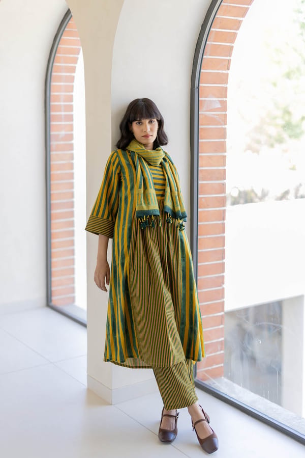 Moss Leaf Striped Cotton Kurta Pant and Stole Set — Vraj Bhoomi