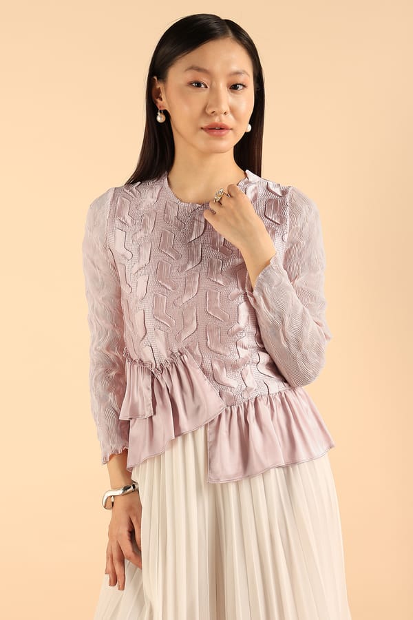 Nude Textured Peplum Top with Full Sleeves — Pleats by Aruni