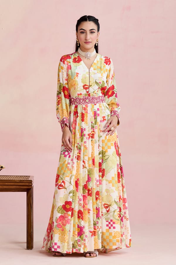 Multicolor Printed Crepe Maxi Dress with Embroidered Waist — NIRVAIR CLOTHING