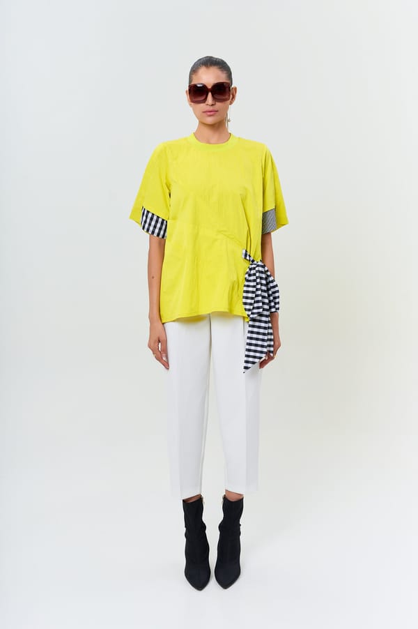 Bright Yellow Cotton Boxy Top with Gingham Bow Detail — KOR