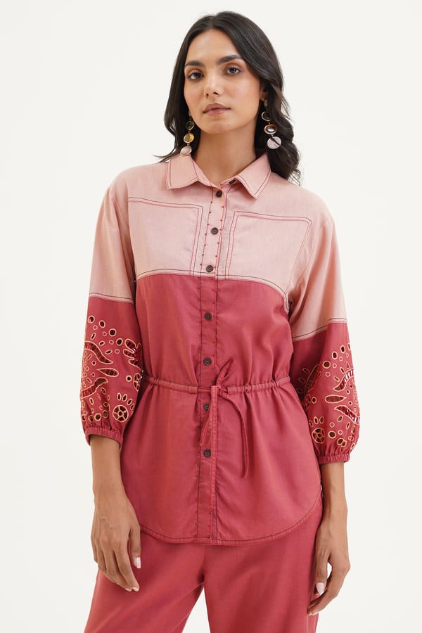 Red and Pink Colorblocked Cotton Shirt with Embroidered Sleeves — STITCH STORIES