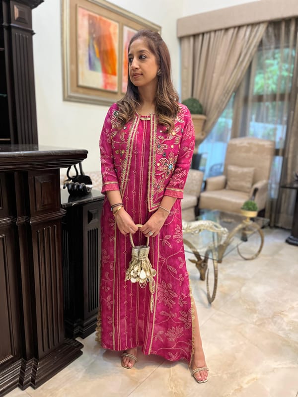 Pink Bandhani Print Maxi Dress with Embroidered Jacket — BUMBLEBEE