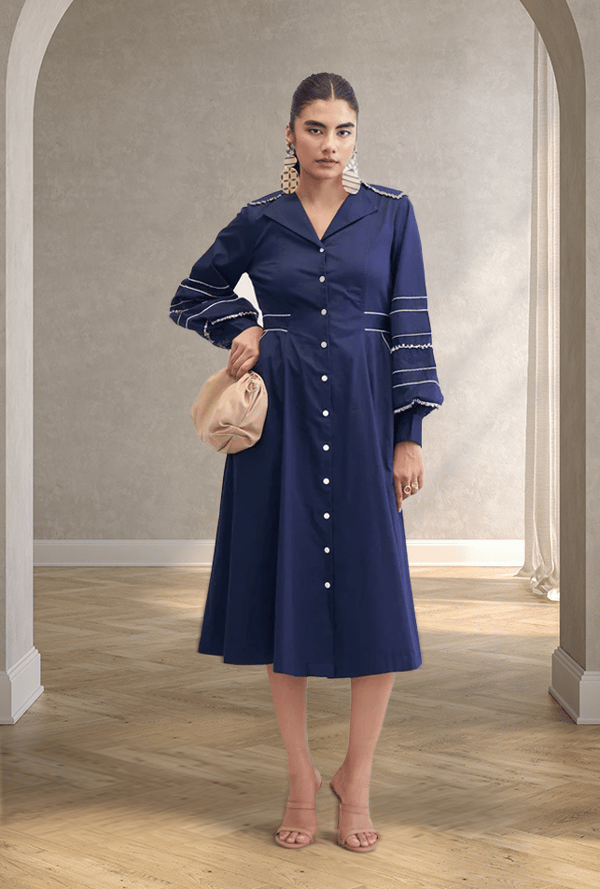 Navy Fit and Flare Midi Shirt Dress with Balloon Sleeves — Our Love
