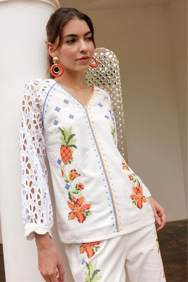 White Cotton Linen Embroidered V-Neck Cutwork Sleeve Blouse — BOHO-CHIC