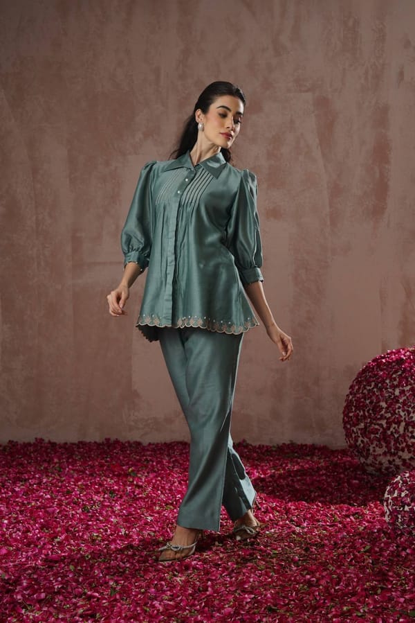 Teal Pintuck Shirt and Straight Trouser Co-ord Set — Simar Tuli