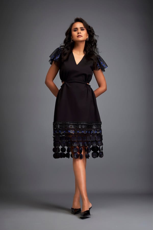 Dress with Structured Shoulders and Textured Hem — Deepika Arora