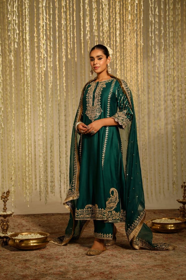 Emerald Green A-Line Kurta Set With Palazzo and Dupatta — Sheetal Batra