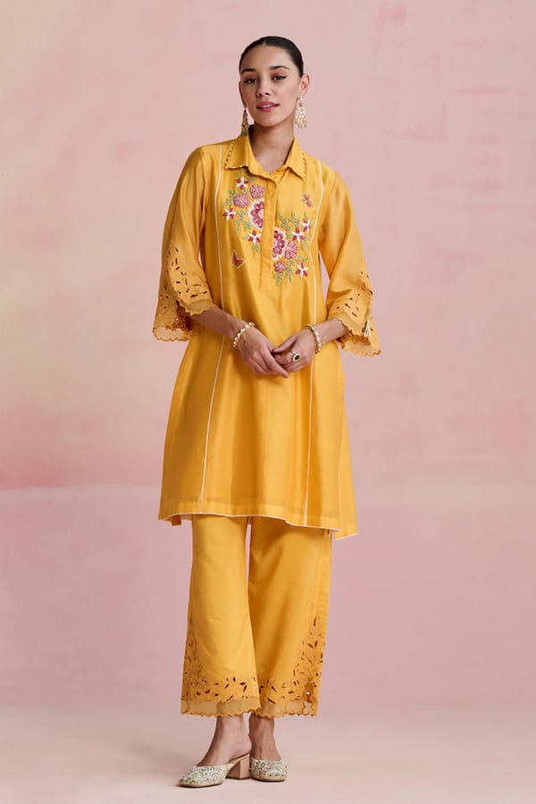 Yellow Chanderi Embroidered Kurta Set with Cutwork Hem — NIRVAIR CLOTHING
