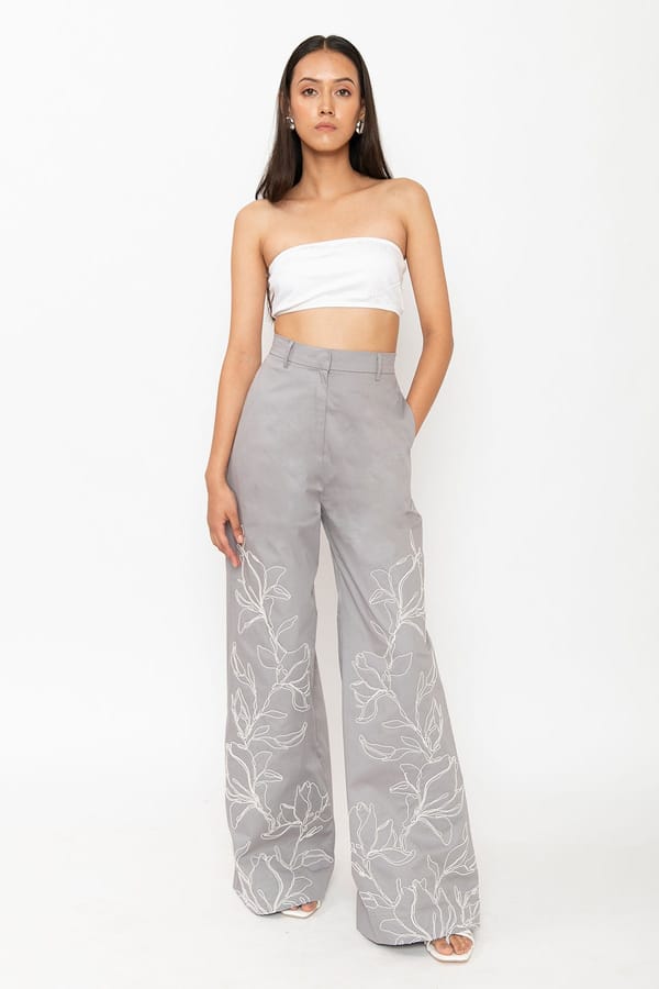 Grey Embroidered Wide-Leg Trousers — Contemponari