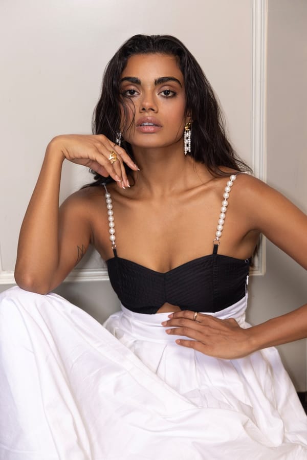 Black and White Pearl Strap Fit and Flare Midi Dress — Sage by Mala