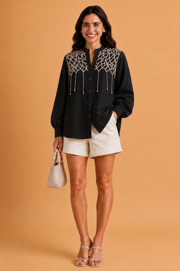 Black Oversized Shirt with Lattice Yoke and Bead Detail — ANISETTE