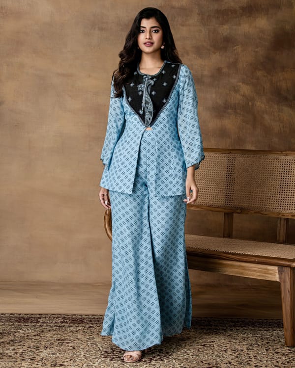 Jashn Powder Blue Crepe Peplum Co-Ord Set — ISHA GUPTA TAYAL