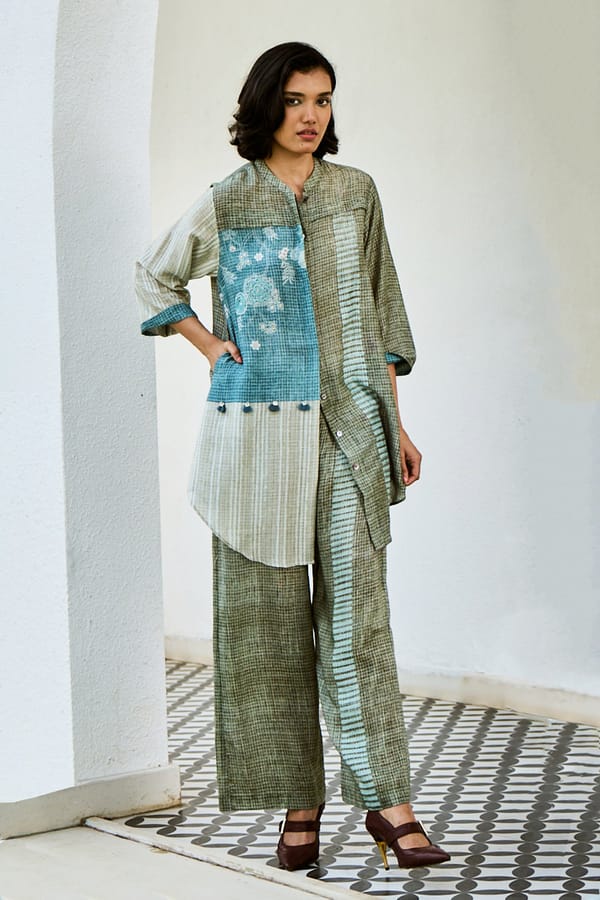 Blue and Olive Linen Colorblocked Tunic Co-ord Set — Basil Leaf