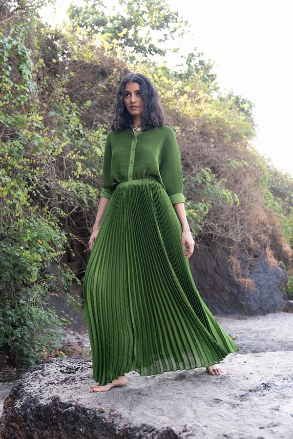 Emerald Green Sunray Pleated Maxi Skirt — Dash and Dot