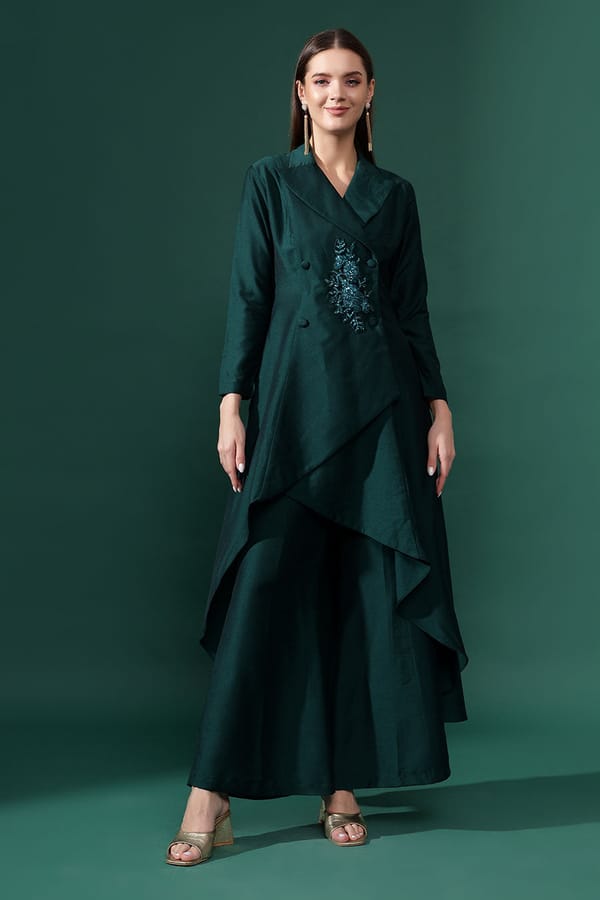 Green Cotton Silk Crystal Embellished Co-ord Set — Aakaar