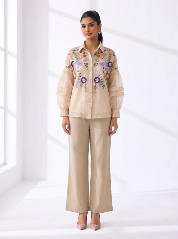 Beige Embroidered Organza Shirt and Wide-Leg Pants Co-ord — RUCHIKA MALLIKA LABEL