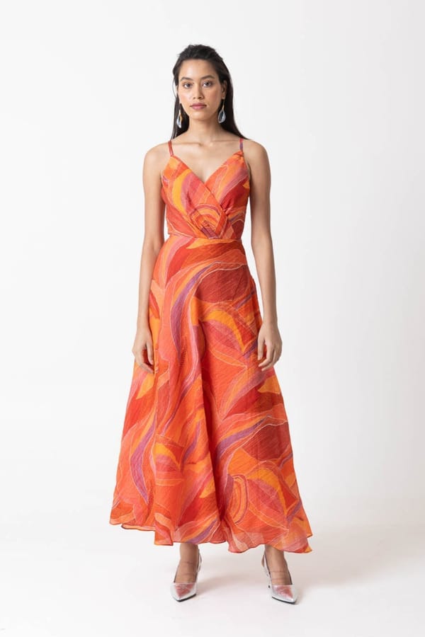 Orange Multicolor Abstract Print Fit and Flare Midi Dress — MOMENT BOMBAY