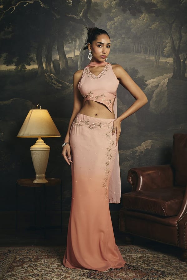 Mridula Peach Ombre Y2K Asymmetrical Lehenga Skirt Set — Lea Clothing