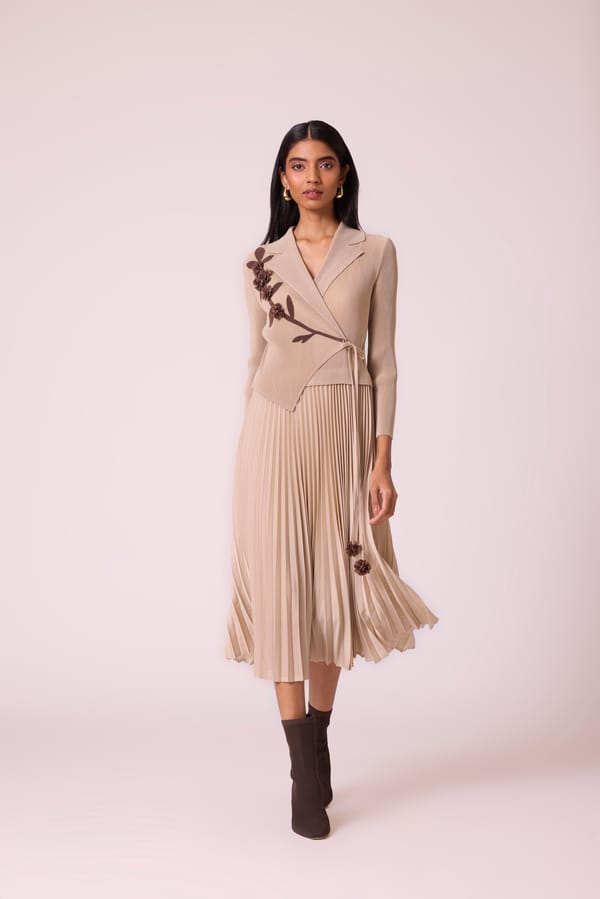 Sand Beige Wrap Midi Dress with Pleated Skirt — Scarlet Sage