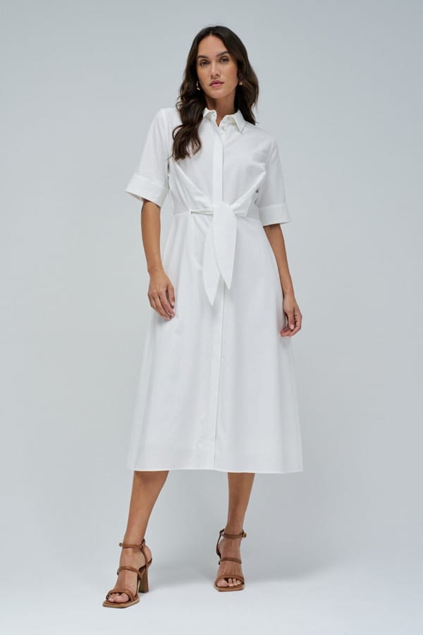 White Button-Front Midi Shirt Dress with Tie Waist — SALSA JEANS